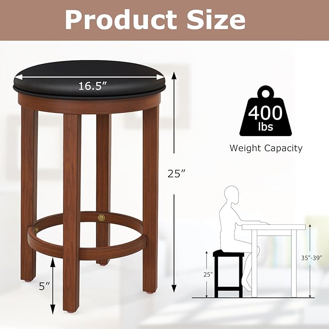 COSTWAY Upholstered Bar Stools Set of 2, 25” Counter Height Bar Chairs with Padded Cushion & Wooden Frame, Faux Leather Backless Stools for Kitchen, Dining Room, Pub, Black + Walnut