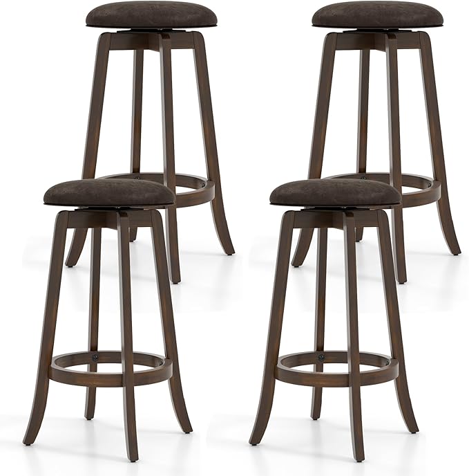 COSTWAY 29-Inch Swivel Bar Stools Set of 4, Upholstered Barstools w/PU Leather Seat & Solid Rubber Wood Legs, Mid-Century Backless Round Bar Height Stools w/Footrest for Kitchen Home Bar