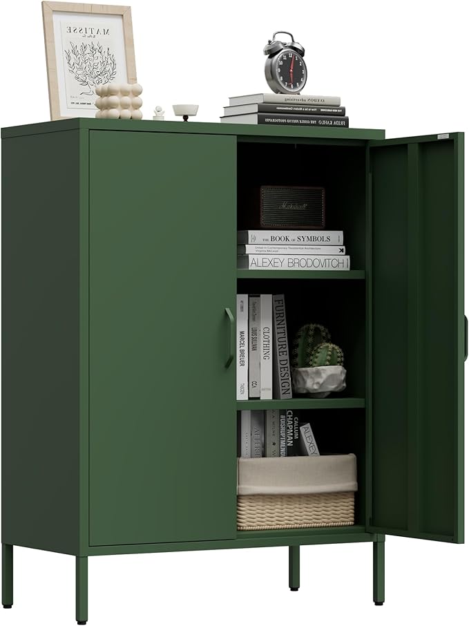 Metal Locker Storage Cabinet, Accent Sideboard Cabinet with Adjustable Shelves for Home Office, Garage, Kitchen, Living Room (Green, 40" H-Metal Doors)