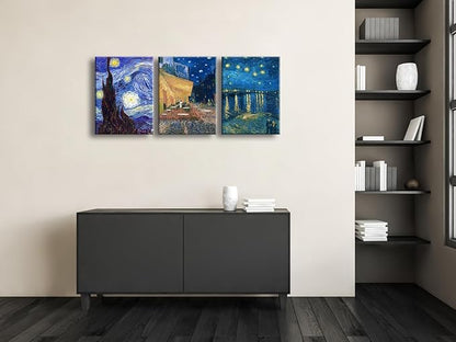 Wieco Art 3 Panels Canvas Prints of Vincent Van Gogh Paintings Reproduction Starry Night Over the Rhone Cafe Terrace at Night Canvas Wall Art for Living Room Home Office Decor