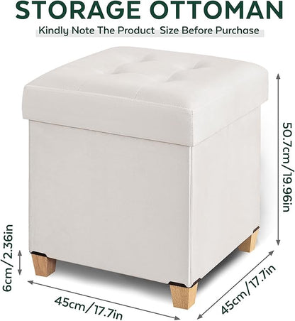 17.7" Ottoman with Storage, Square Storage Ottoman for Dorm, Velvet Ottomans with Legs for Living Room, Bedroom, White