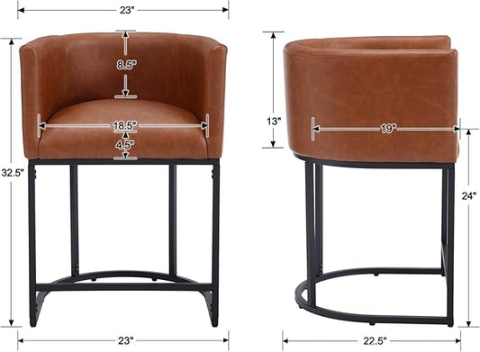 PU Leather Bar Stools Set of 2, Modern Upholstered Counter Height Bar stools 24" Leather Barstools Barrel Kitchen Counter Island Stools with Black Metal Base, Brown