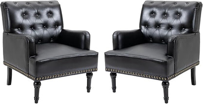MOJAY Faux Leather Accent Chair Set of 2, Mid-Century Modern Living Room Chair Lounge Study Sofa Chair with Sturdy Wood Legs, Club Chair Armchair for Bedroom Home Study Reception (Black)