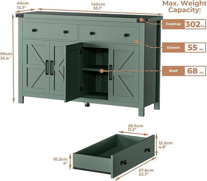 Buffet Cabinet with Storage Farmhouse with 4 Doors and 2 Drawers, 55'' Large Kitchen Storage Cabinet Green Wood Coffee Bar Buffet Sideboard for Kitchen, Dining Room, Living Room