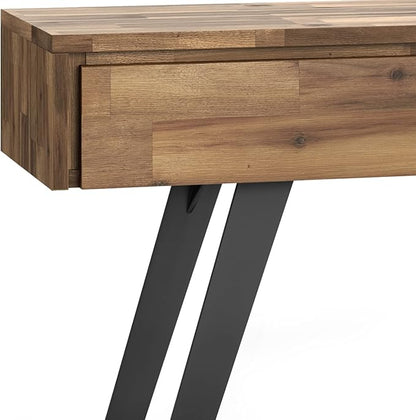 SIMPLIHOME Lowry SOLID ACACIA WOOD and Metal 60 Inch Wide Modern Industrial Console Sofa Table in Distressed Golden Wheat, For the Living Room, Entryway and Bedroom