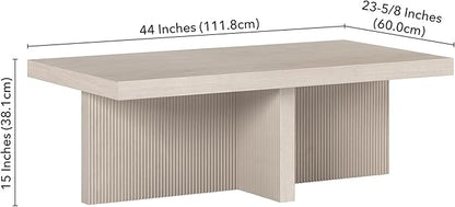 Henn&Hart 44" Fluted Rectangular Wood Pedestal Low-Profile Coffee Table for Living Room, Family Room or Office, Alder White