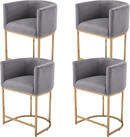 Contemporary Grey Velvet Bar Stools Set of 4, 24" Upholstered Fabric Counter Height Barstools Kitchen Counter Island Stools with Screwed Together Golden Metal Base