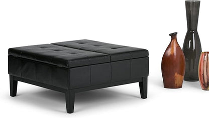 SIMPLIHOME Dover 36 inch Wide Contemporary Square Coffee Table Storage Ottoman in Midnight Black Vegan Faux Leather, Assembled, For the Living Room and Bedroom