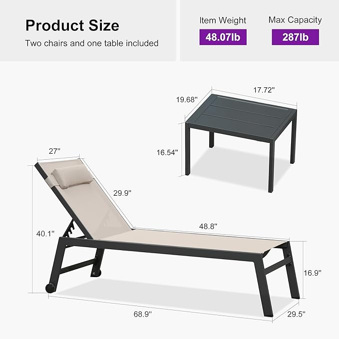 PURPLE LEAF Outdoor Oversized Lounge Chair Set of 3 Patio Chaise Pool Lounger Aluminum Frame with Side Table and Wheels for Outside Sunbathing Tanning Recliner Including Pillows Beige