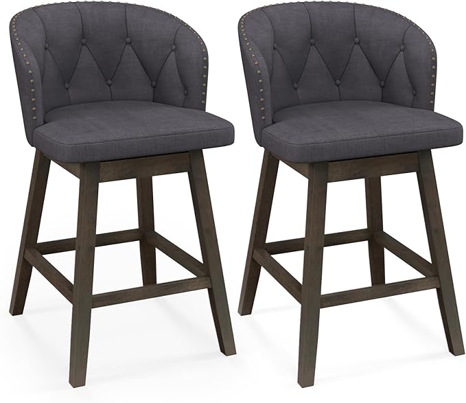COSTWAY Counter Height Bar Stools Set of 2, Fabric Upholstered Island Stools with 360° Swivel Seat & Button-Tufted Back, Modern Pub Stools with Solid Rubber Wood Frame (Grey,2)
