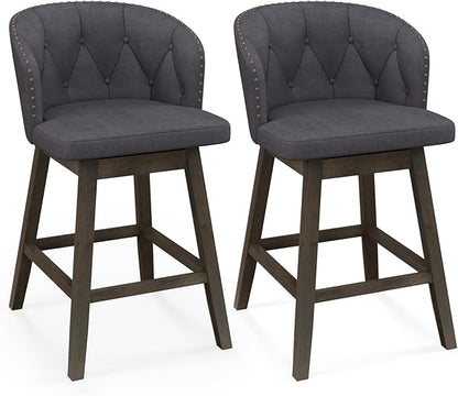 COSTWAY Counter Height Bar Stools Set of 2, Fabric Upholstered Island Stools with 360° Swivel Seat & Button-Tufted Back, Modern Pub Stools with Solid Rubber Wood Frame (Grey,2)