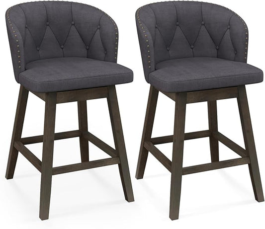 COSTWAY Counter Height Bar Stools Set of 2, Fabric Upholstered Island Stools with 360° Swivel Seat & Button-Tufted Back, Modern Pub Stools with Solid Rubber Wood Frame (Grey,2)