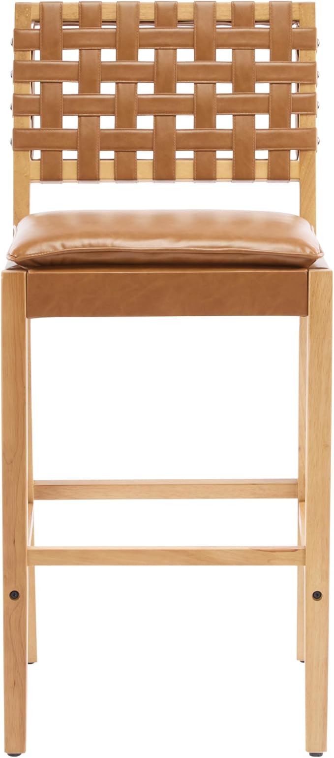 Christopher Knight Home Caitlyn lndoor Barstool Set of 2, Counter Height Stool with Footrest/Backrest for Bar Table, Natural Rubberwood Frame with Faux Leather Upholstery Counter Stool, Brown+Natural