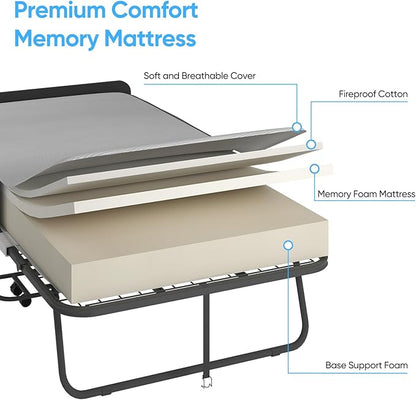 Mjkone Folding Bed with Mattress, Rollaway Bed for Adults with Headborad & Dustproof Bag, 5 Inch Portable Fold Up Bed for Guests with Casters, Foldable Frame, Space Saving for Bedroom（75" x 46"）