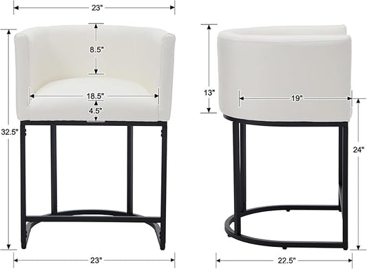 PU Leather Bar Stools Set of 3, Modern Upholstered Counter Height Bar stools 24" Leather Barstools Barrel Kitchen Counter Island Stools with Black Metal Base, White