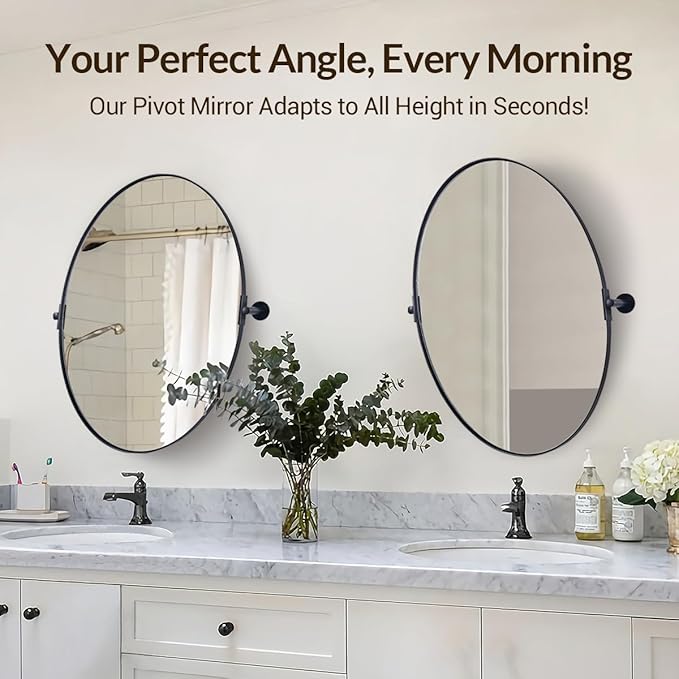 ANDY STAR Black Mirror for Bathroom, 24 x 32 Inch Oval Wall Mirror with Stainless Steel Metal Frame, Pivot Vanity Mirror Vertical Hanging for Modern Style Room