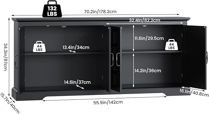 70" Sideboard Buffet Cabinet with Storage, Coffee Bar Cabinet with and 4 Doors, Long Wider Storage Cabinet Modern Farmhouse, Black Wood, for Kitchen, Dining Room, Living Room