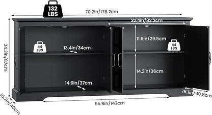 70" Sideboard Buffet Cabinet with Storage, Coffee Bar Cabinet with and 4 Doors, Long Wider Storage Cabinet Modern Farmhouse, Black Wood, for Kitchen, Dining Room, Living Room