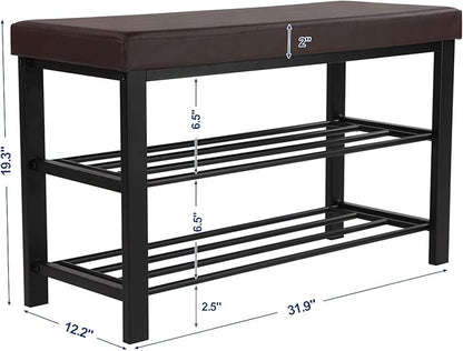 SONGMICS Shoe Bench, 3-Tier Shoe Rack for Entryway, Storage Organizer with Foam Padded Seat, Faux Leather, Metal Frame, for Living Room, Hallway, 12.2 x 31.9 x 19.3 Inches, Brown ULBS58Z