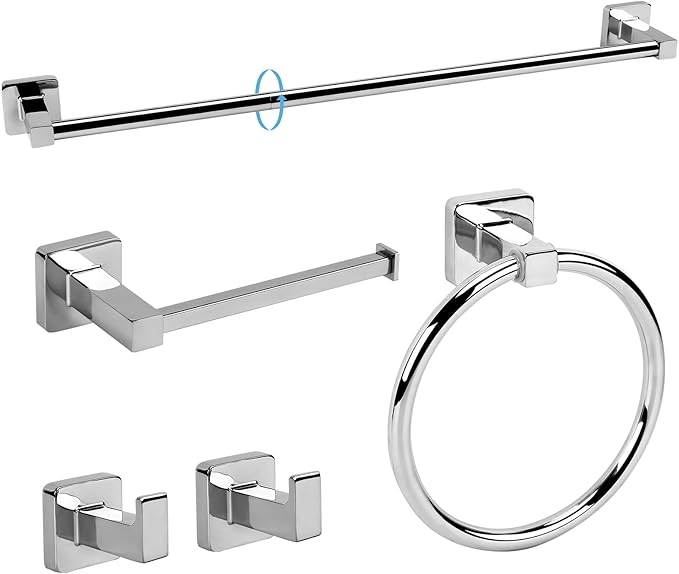5 Pieces Polished Chrome Bathroom Hardware Accessories Set,Stainless Steel 23.6" Hand Towel Bar Set, Toilet Paper Holder, Towel Ring ，Towel Rack Set Silver