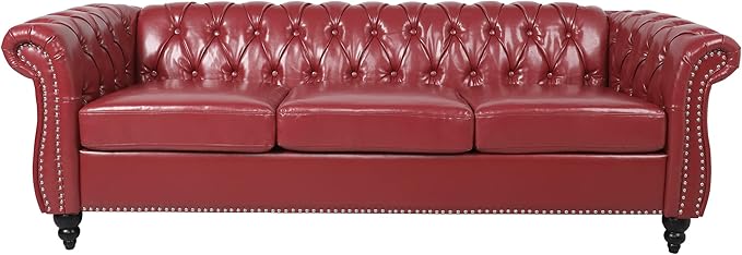 LEVNARY Chesterfield Sofa, Classic Tufted Upholstered Leather Couch, Modern 3 Seater Couch Furniture with Tufted Back for Living Room Office (Wine Red)