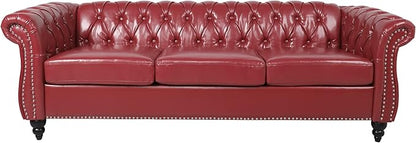 LEVNARY Chesterfield Sofa, Classic Tufted Upholstered Leather Couch, Modern 3 Seater Couch Furniture with Tufted Back for Living Room Office (Wine Red)