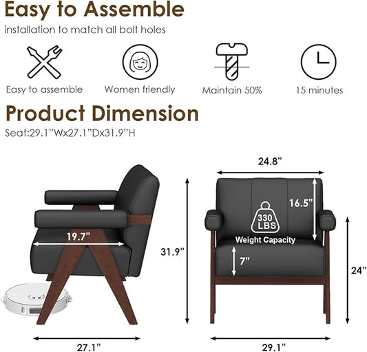 STHOUYN Black Leather Accent Chairs Set of 2, Mid Century Modern Accent Chair, Side Arm Chairs for Living Room, Office Guest Waiting Room Chairs (2, Black)