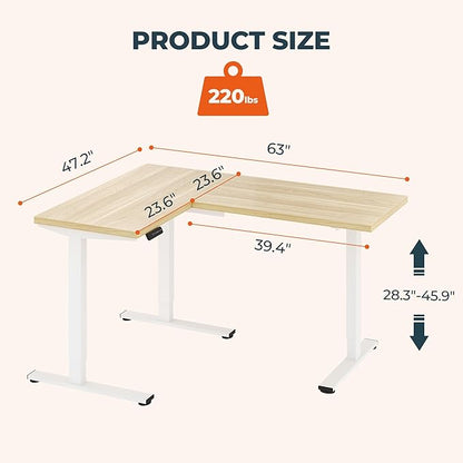 L-Shaped Standing Desk, 63 x 47 Inches Height Adjustable Desk, Sit and Stand up for Work Office Home, Ergonomic Rising Computer Table for Home Office with Splice Board, Maple