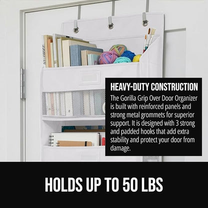 GORILLA GRIP Over The Door Organizer Storage, 5 Deep Hanging Shelves, Holds 50lbs, Closet Organizers Shelf for Bedroom, Bathroom, Nursery, Dorm Essentials, 3 Metal Hooks, 58x15 Inches, White