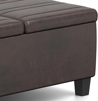 SIMPLIHOME Ellis 36 inch Wide Contemporary Square Coffee Table Storage Ottoman in Distressed Brown Vegan Faux Leather, Assembled, for The Living Room and Bedroom