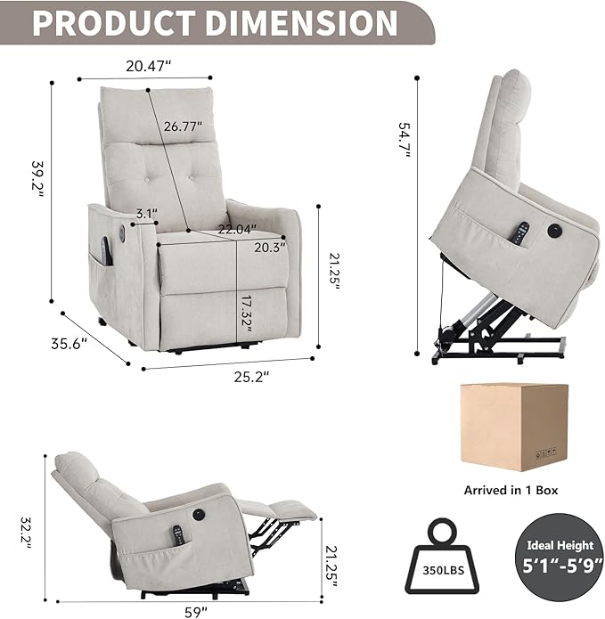PELUMY Manual Lift Recliner Chair with Massage and Heat for Elderly, Single Motor Electric Lift Chair, Heavy Duty Recliner with USB Charging & Side Pockets (Chenille, Beige)