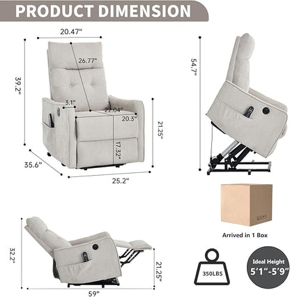 PELUMY Manual Lift Recliner Chair with Massage and Heat for Elderly, Single Motor Electric Lift Chair, Heavy Duty Recliner with USB Charging & Side Pockets (Chenille, Beige)
