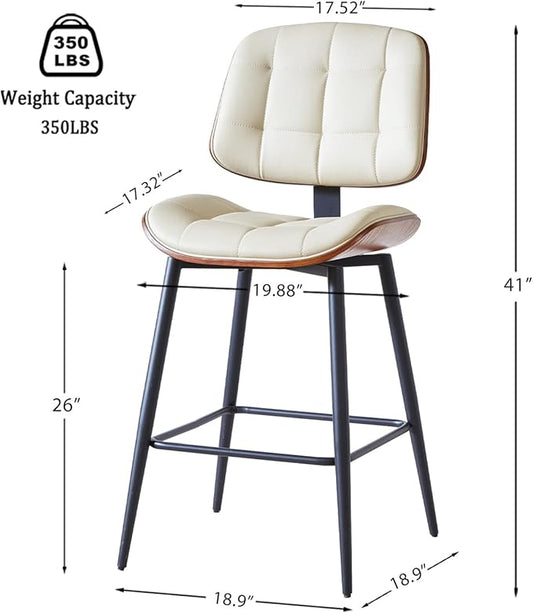 Mid Century Modern Bar Stools Set of 2 for Kitchen Island,Upholstered Beige Faux Leather Counter Height stools,26 Inch Counter stools with Walnut Grain Back