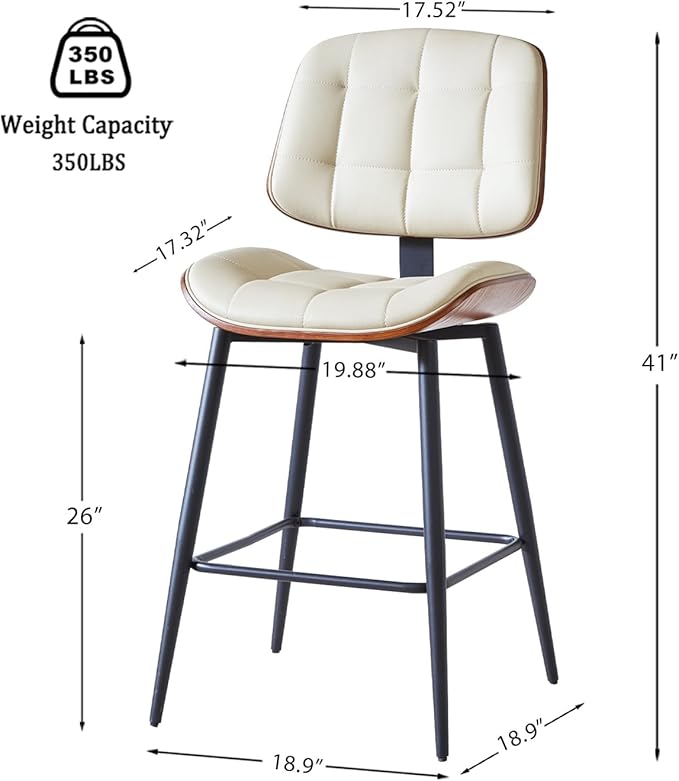 Mid Century Modern Bar Stools Set of 3 for Kitchen Island,Upholstered Beige Faux Leather Counter Height stools,26 Inch Counter stools with Walnut Grain Back