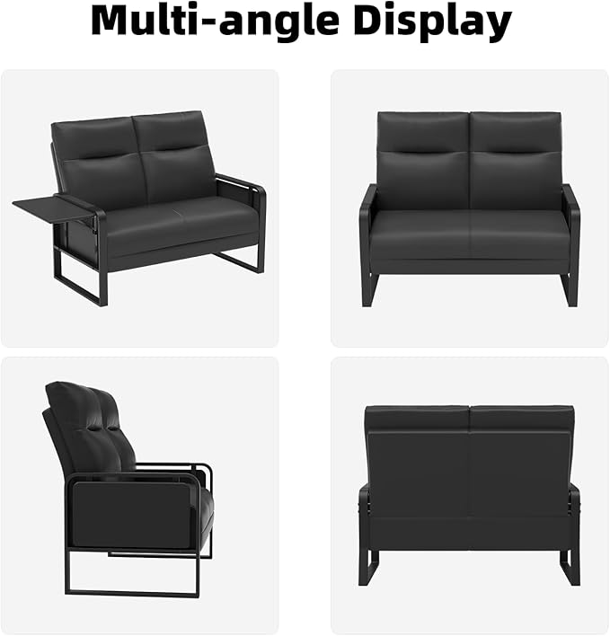 Faux Leather Loveseat, Upholstered Loveseat with Side Tray Table & Storage Pocket, Small Loveseat for Living Room, Modern 2 Seater Sofa Couch for Small Spaces, Bedroom, Black