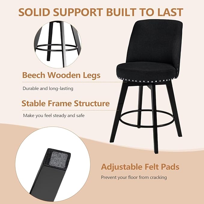MINCETA Bar Stools Set of 4, 26 Inch Upholstered Barstools with High Back and Footrest, Swivel Counter Height Barstools for Kitchen Island Home Bar Black