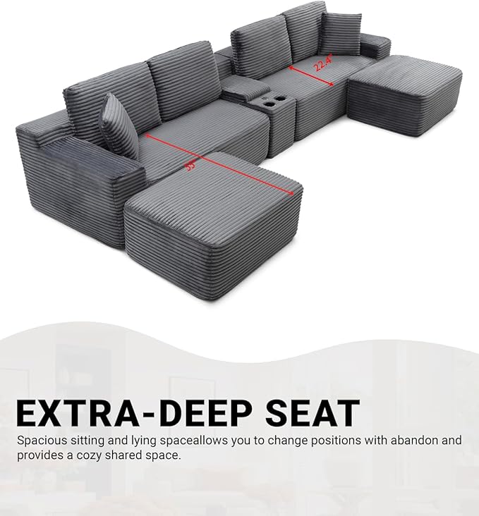 150" Oversized Modular Sectional Sofa,Deep Seat Cloud Corduroy Boneless Couch with Cup Holders,USB Ports, Wireless Charging & Storage Box,Upholstered Modular Sleeper Sofa for Living Room (Grey)