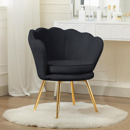 Velvet Vanity Chair with Back, Mid-Century Modern Small Accent Chair for Living Room, Golden Metal Legs Upholstered Makeup Chair, 1Pcs Bedroom Armchair, Black
