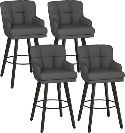 360°Swivel Counter Height Bar Stools with Back, 30 inch Solid Wood Legs, Bar Stool Modern Kitchen Island Chairs, Fabric (Black Grey- Fabric, 30" H- Set of 4)