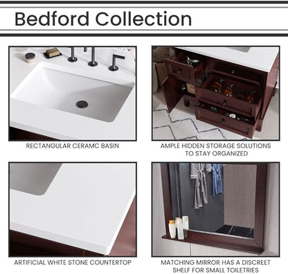 Hanover 36 Set Includes w, Brown Bedford 36'' Vanity Sink Combo for Bathroom, Powder Room | Pre-Assembled 1 Door, 3 Drawers | Accent Mirror | Artificial Stone Countertop, Cabinet, 36 inches