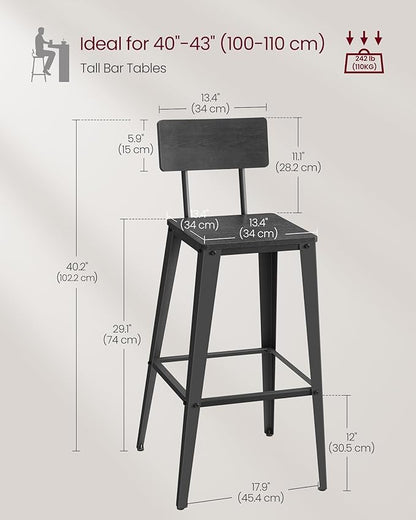 VASAGLE Set of 2 Bar Stools, Bar Height Stools, 29.1 Inches Tall Barstools with Back, Counter Bar Chairs for Kitchen Island, Steel Frame, Industrial Style, Easy Assembly, Ash Black and Ink Black