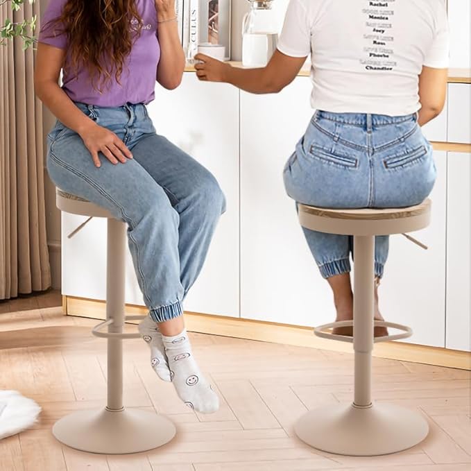 Kidol & Shellder Bar Stools Set of 2 Round Adjustable Swivel Barstools Modern Backless Bar Chairs Wooden Seat Counter Height Stools Armless for Kitchen Island, Cafe, Dining Room (Khaki)