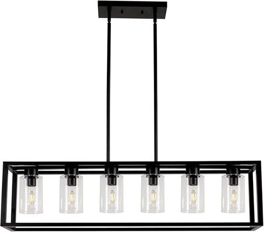 Farmhouse Dining Room Light Fixture Kitchen Island 6-Light Pendant Lighting， Adjustable Rectangle Black Contemporary Chandeliers with Glass Shade (6 Light)