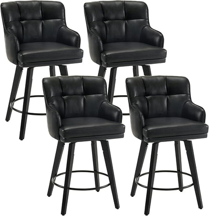 360°Swivel Counter Height Bar Stools with Back, 26 inch Solid Wood Legs, Bar Stool Modern Kitchen Island Chairs, Faux Leather (Black- Faux Leather, 26" H- Set of 4)