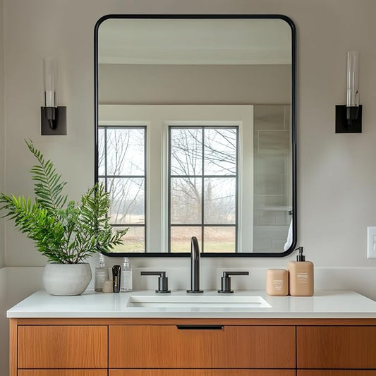 ANDY STAR Black Bathroom Mirror, 30x36 Inch Rounded Rectangle Mirror for Bathroom, Modern Tube Metal Framed Rectangular Mirror for Vanity, Contemporary Wall-Mounted Mirror with Explosion-Proof Film