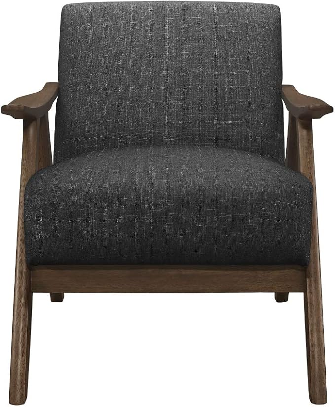 Lexicon Mid Century Modern Accent Chair with Solid Wood Frame in Walnut Finish, Upholstered Living Room Lounge Arm Chair, Thick and Comfy Innerspring Seat Cushion, Linen-Look Fabric, Dark Grey