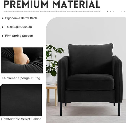 Velvet Accent Chair Set of 2, Comfy Upholstered Single Sofa Chair Mid-Century Modern Armchair with Thick Cushion and Wood Frame Side Chair for Living Room Bedroom Apartment (Black)