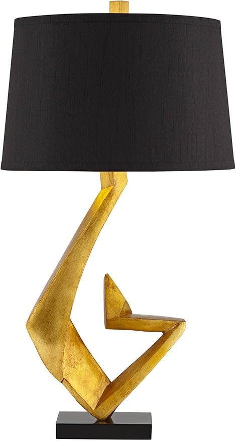 Possini Euro Design Zeus Mid Century Modern Glam Luxury Table Lamp 28.5" Tall Sculptural Gold Leaf Metal Black Fabric Tapered Drum Shade Decor for Living Room Bedroom House Bedside Nightstand Home