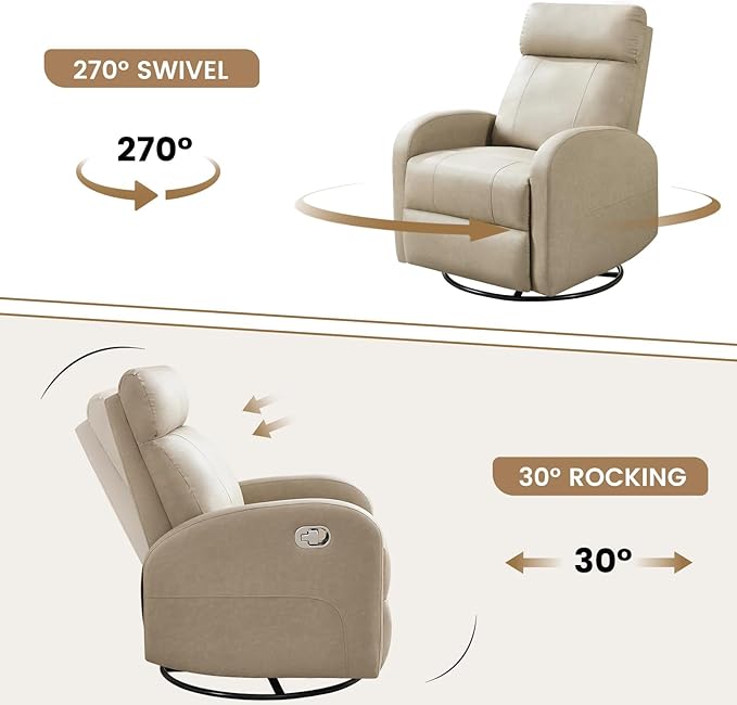 Swivel Rocker Recliner Chair, Manual Leather Recliner, Glider Rocking Recliners 360°Swivel Nursery Reclining Chairs for Living Room, Khaki