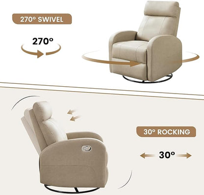 Swivel Rocker Recliner Chair, Manual Leather Recliner, Glider Rocking Recliners 360°Swivel Nursery Reclining Chairs for Living Room, Khaki